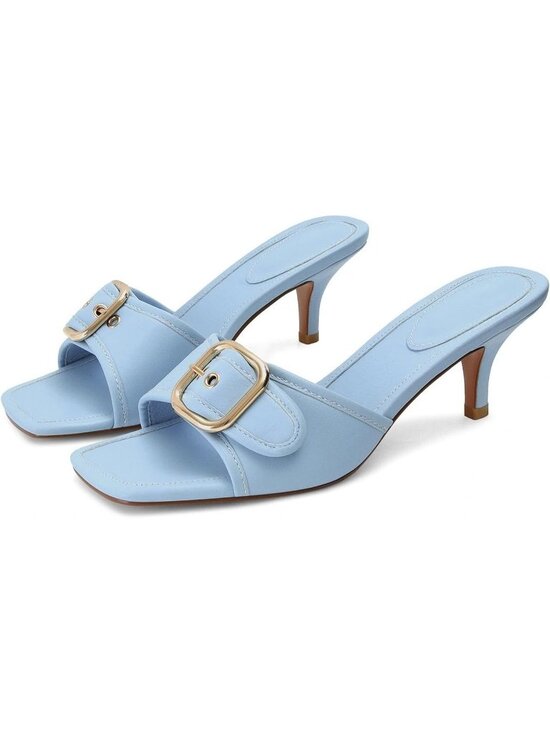 Shoes - Women's Kitten Heels Stiletto Blue Low Heels Slip On Slides Square Open Toe